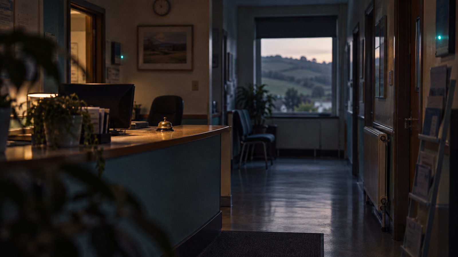 The reception corridor of a small Welsh community health centre at dusk, looking out to a hillside through the end window