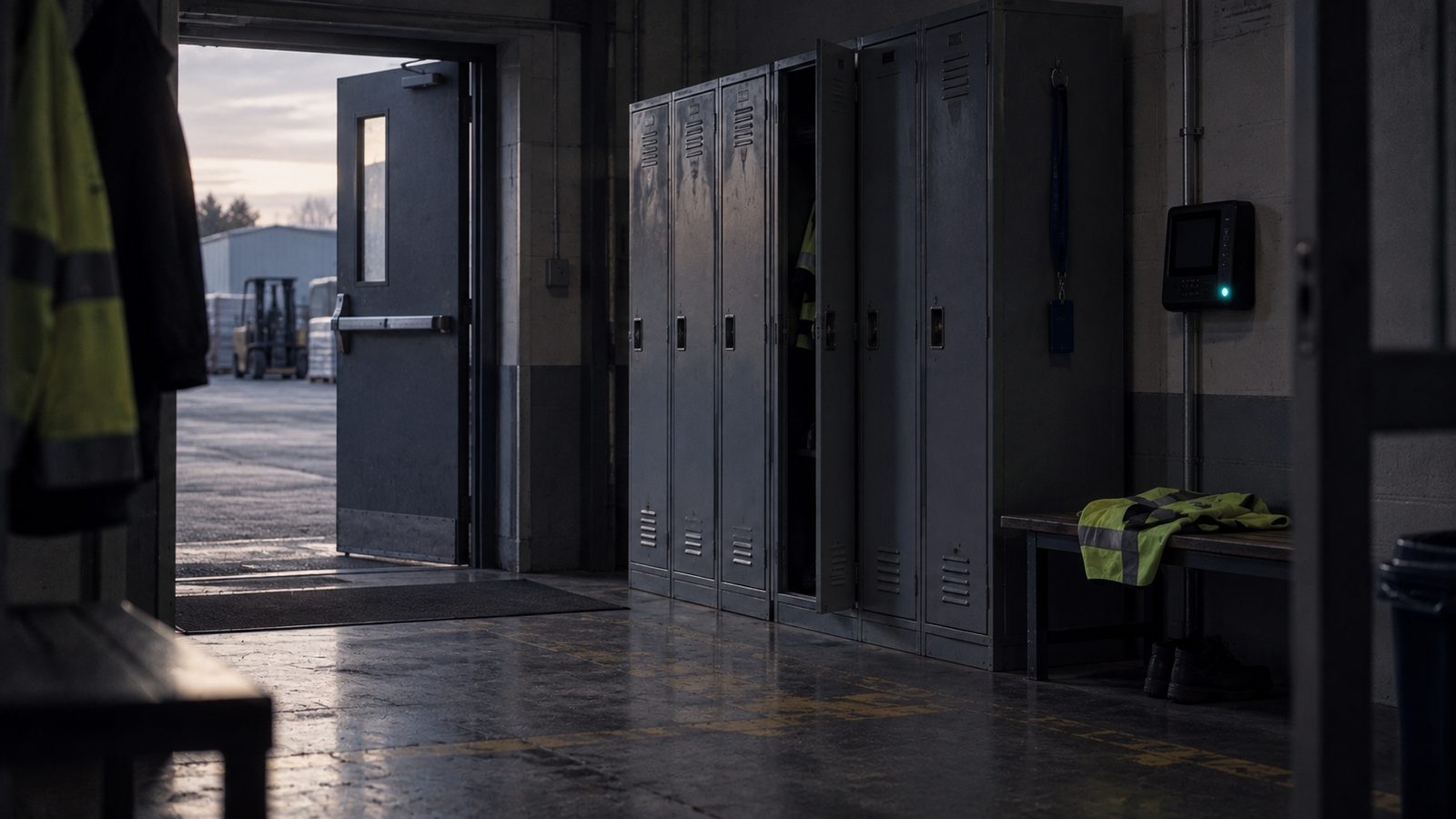 The staff entrance of a warehouse early in the morning, a row of lockers with one door ajar and a hi-vis vest on a bench
