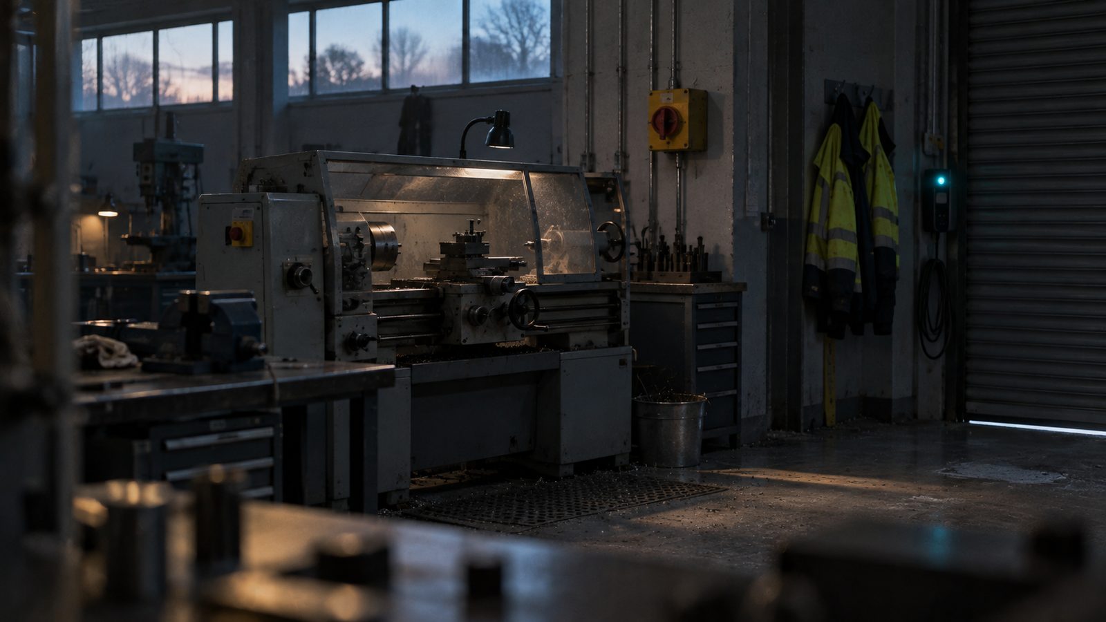 A college engineering workshop before opening, with a lathe, a yellow isolation switch and hi-vis jackets by the roller shutter