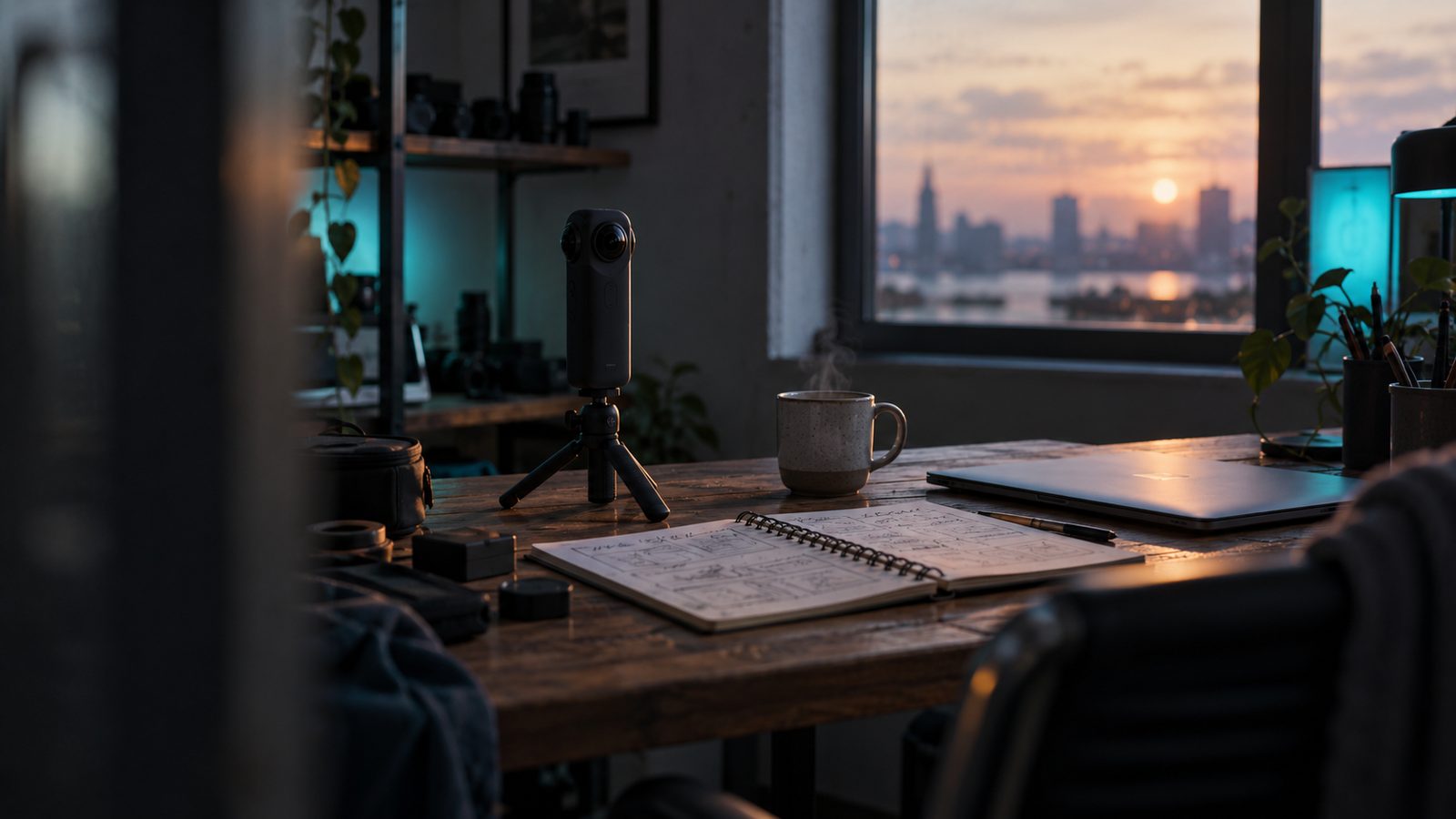 A production desk at the end of the day with a 360 camera, a spiral notebook of scene notes and a cooling mug, lit by a single screen