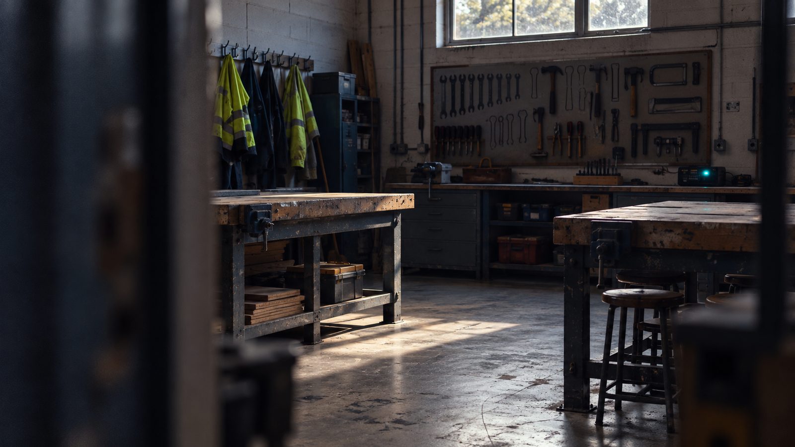 An empty college training workshop at the end of a session, hi-vis jackets on hooks and a tool board, lit by low afternoon light through a high window