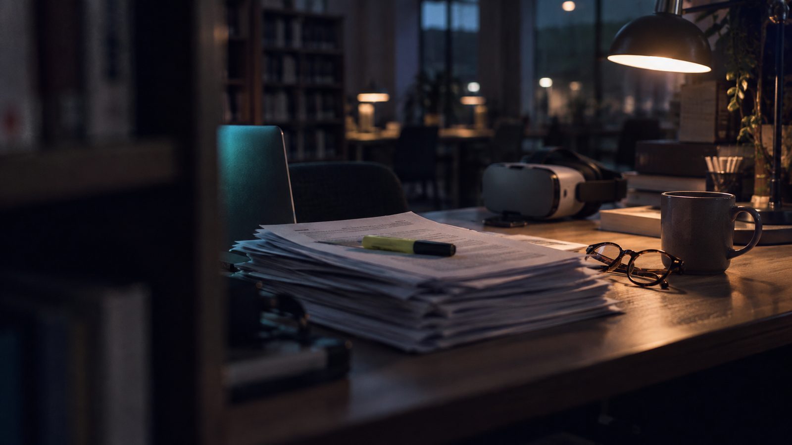 A library desk at night with a stack of printed journal papers, reading glasses and a VR headset pushed to the back of the desk