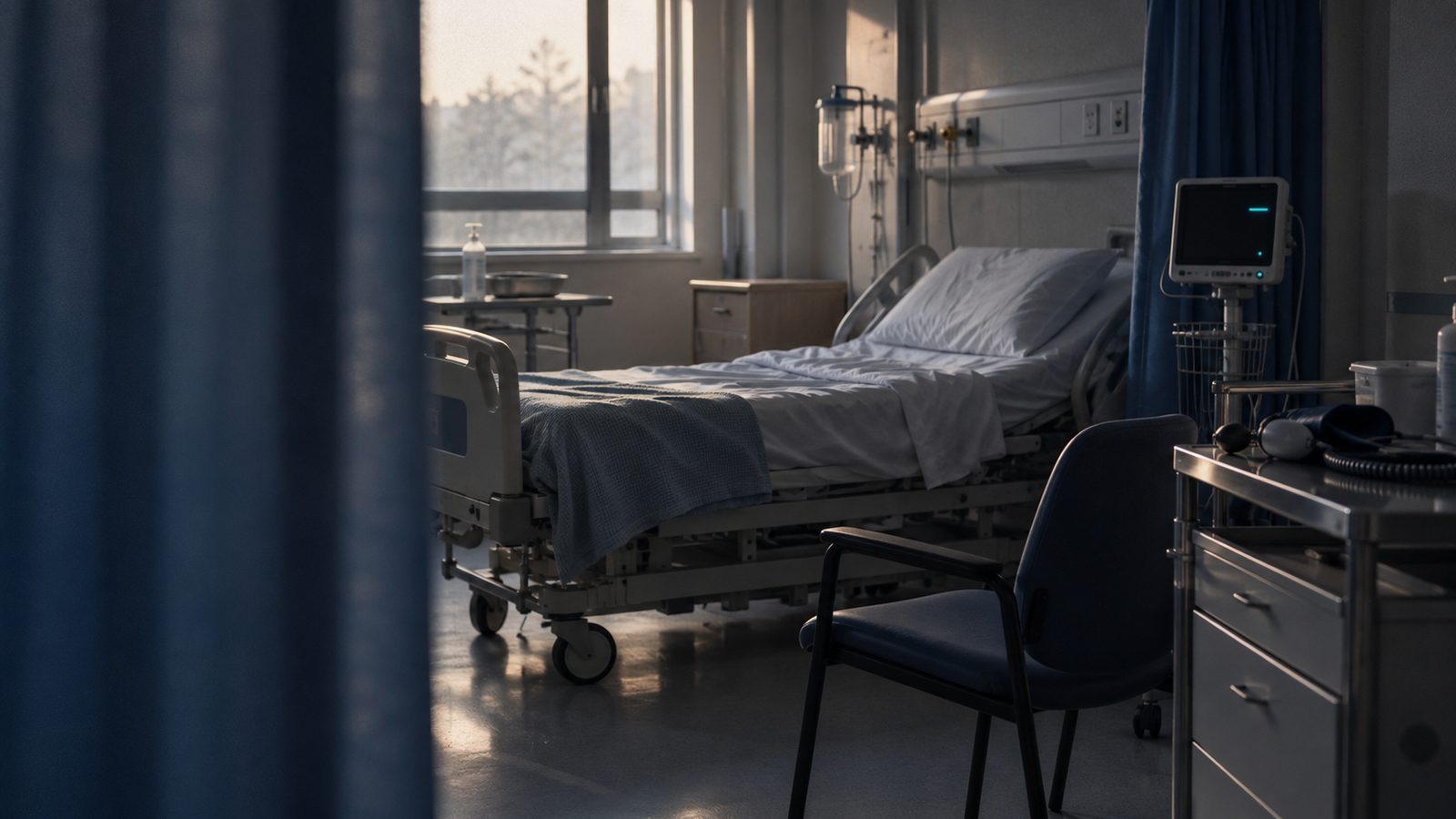 An empty clinical skills lab between sessions, a bed with a drawn curtain, an observation trolley and a monitor on standby casting a faint teal glow