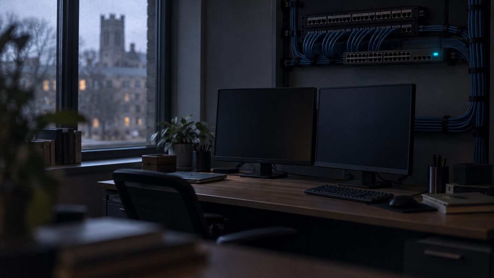 A quiet IT office desk with two monitors dimmed to standby, a patch panel behind and a single cyan status light on a switch
