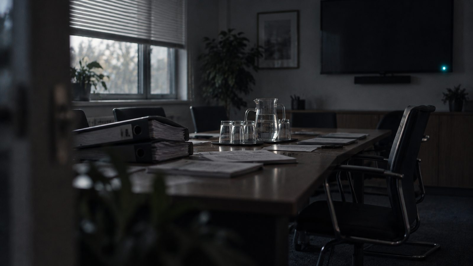 An empty NHS meeting room early in the morning, with papers and a water jug on the table and one chair pushed back