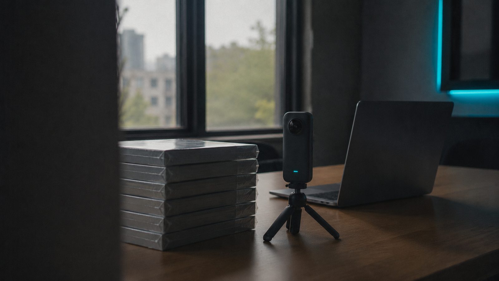 A workbench with shrink-wrapped software boxes on one side and a 360° camera on a tripod beside a laptop on the other