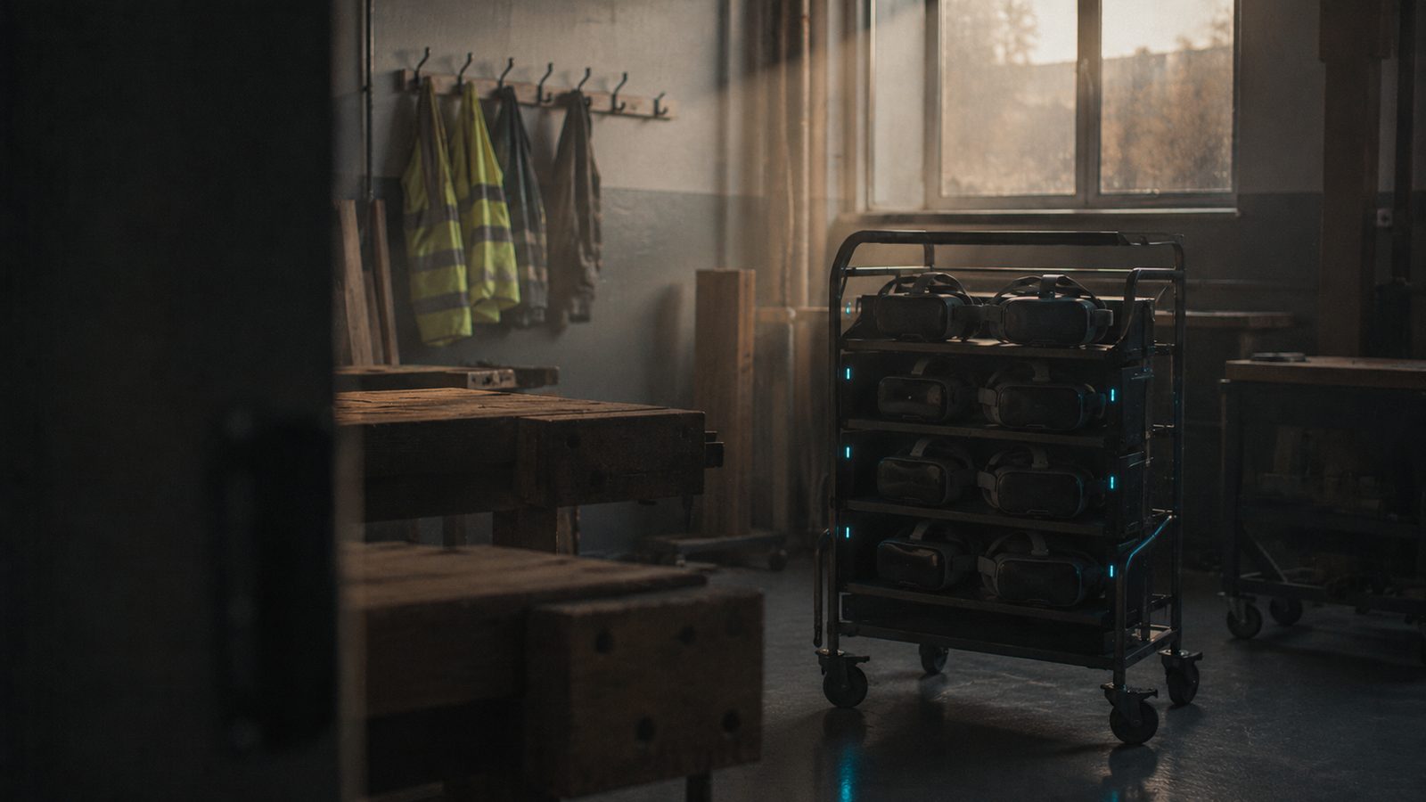 A college construction workshop after hours, hi-vis vests on wall hooks and a trolley of VR headsets charging by the window