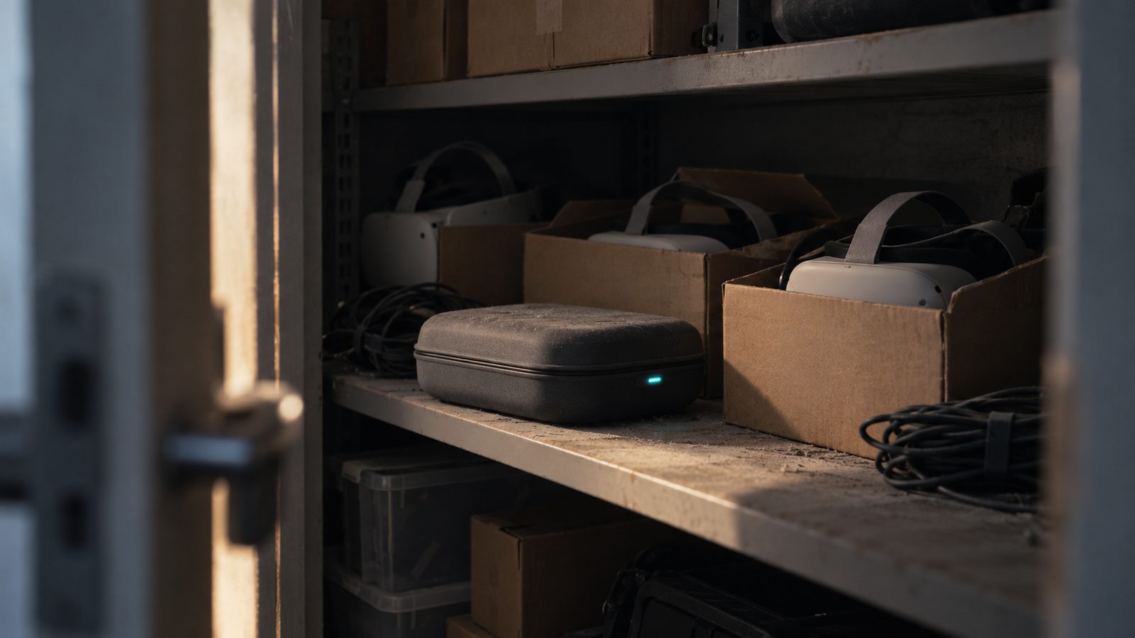 A storage cupboard shelf holding a charging case and several headsets in their boxes, small charge lights glowing, dust visible in a shaft of daylight