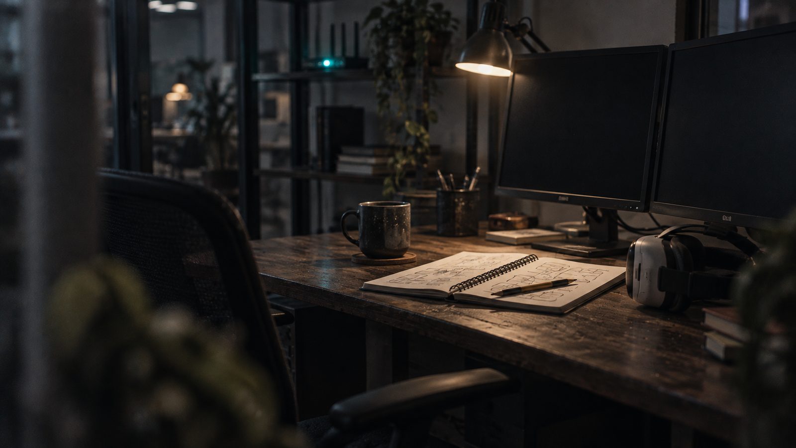 An office desk after hours with monitors switched off, an open notebook of hand-drawn diagrams and a VR headset at the edge