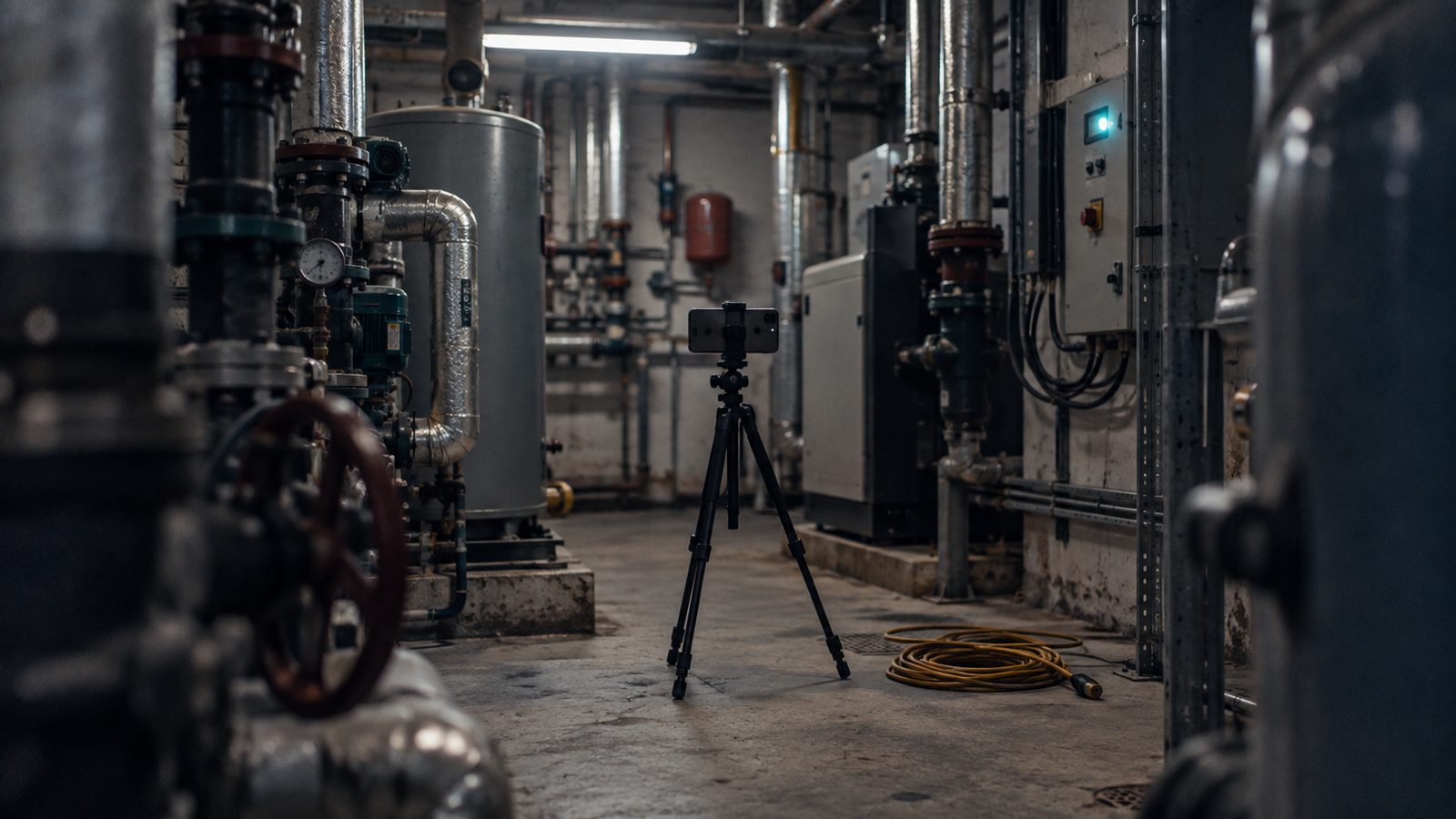 A building plant room mid-survey, with a phone clamped to a small tripod standing alone among the pipework and valves