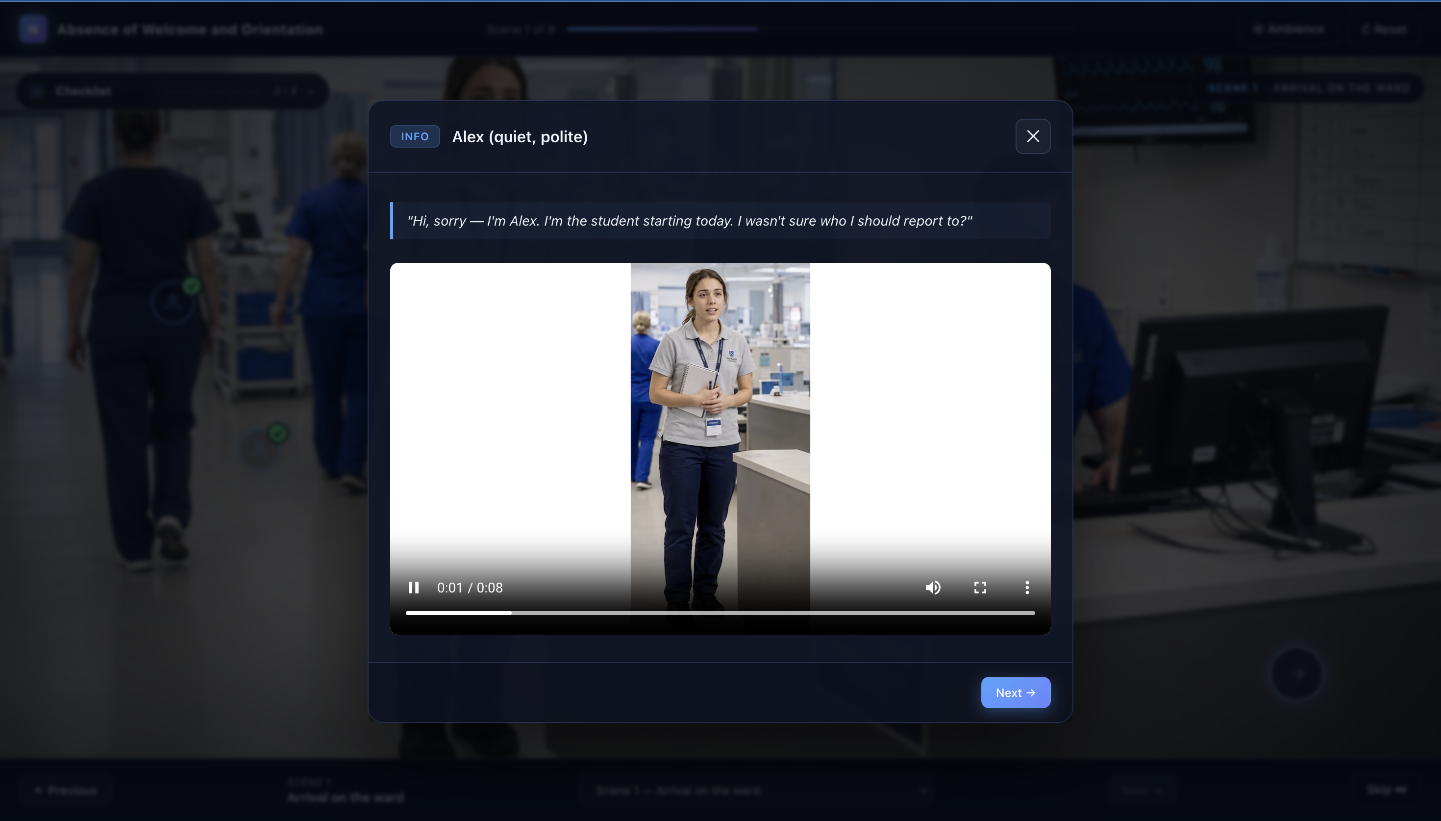 Alex — quiet, polite. Learners read the team, not just the chart.