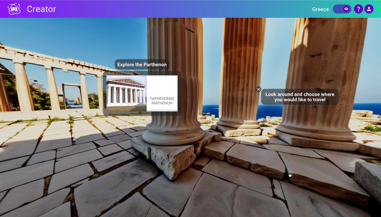 Bilingual labels showing Greek and English on a Parthenon hotspot